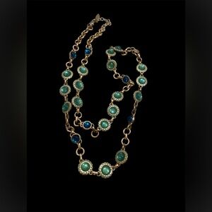 Elegant Antique Gold with Green and Blue Gems Necklace